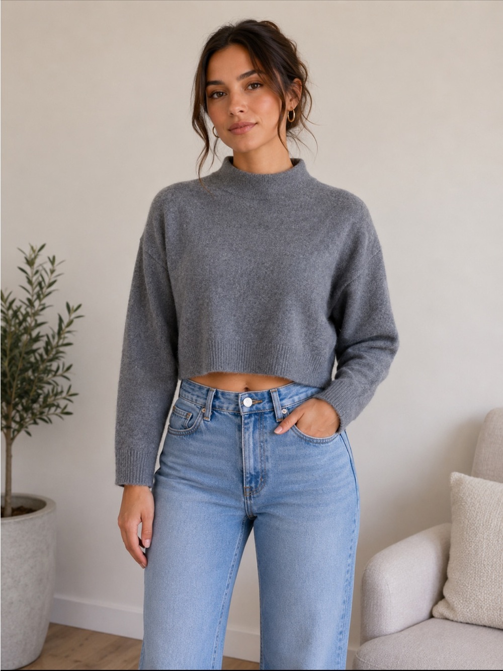 100% Cashmere Cropped Mock Neck Sweater Gray | Retail $148 | Boxy Relaxed Fit